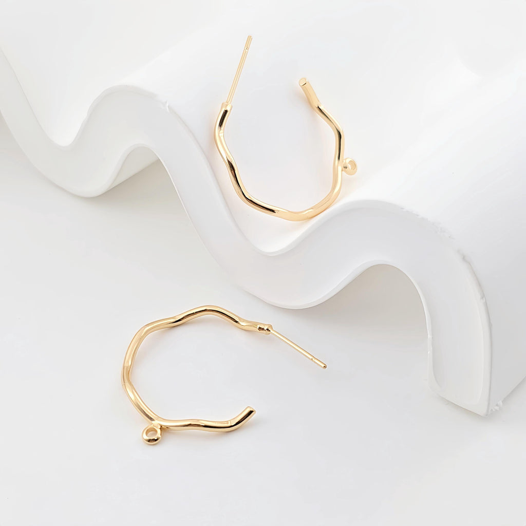 C Shape Earrings Post With Loop, Twig Bending Style Post Earring, 18K Gold Nickel Free, Hypoallergenic Earring Findings ZX287