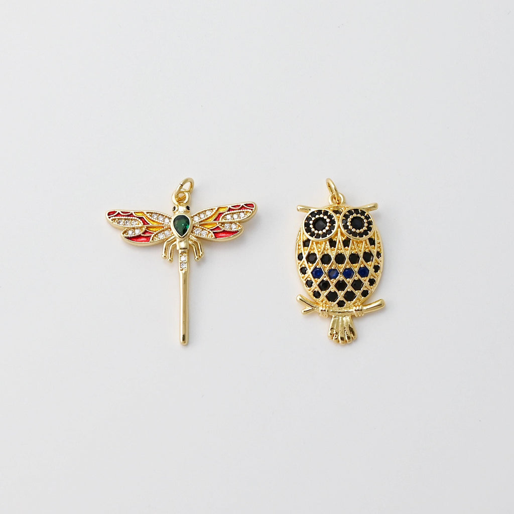 Owl Charms, Dragonflies Pendant, 18K Gold Plated Cubic Micro Pave Charms, The Owl Pendant, Necklace charms, Jewelry Findings S20770