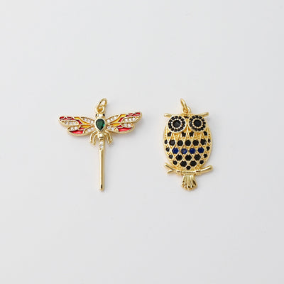 Owl Charms, Dragonflies Pendant, 18K Gold Plated Cubic Micro Pave Charms, The Owl Pendant, Necklace charms, Jewelry Findings S20770