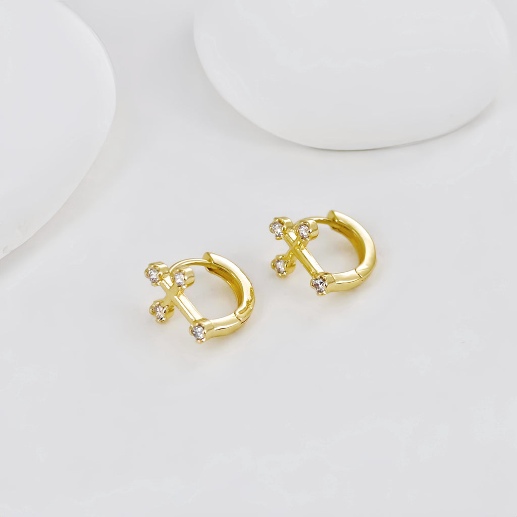 Cross Ear Hoops Pave CZ, Round Hoops, 13mm, 18K Gold Plated Leverback Earrings, Huggie Hoops Earring D0552