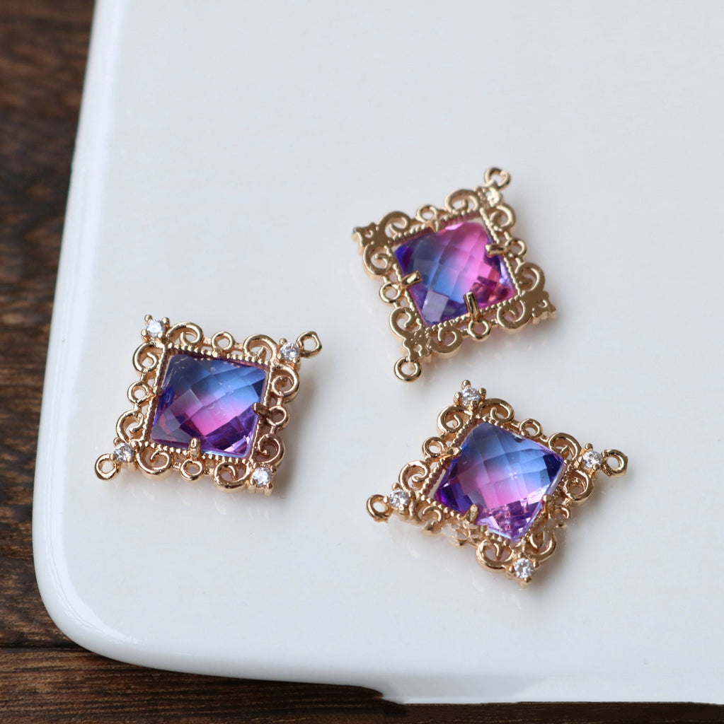 Rhombus Shaped Crystal Pendant, Glass Charm, 14K Gold Plated, CZ Pave, Jewelry Making Findings HL039-F240