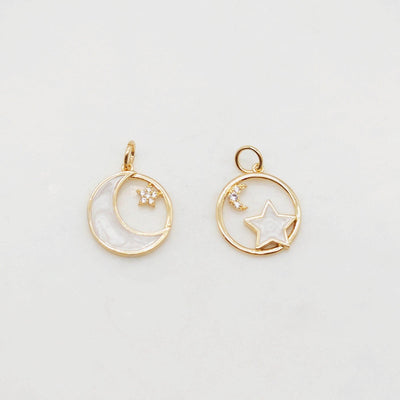 Enamel Moon & Star Charm, 18K Gold Plated, Pave CZ Round Pendant, Necklace Making Charm, Jewelry Findings S20387
