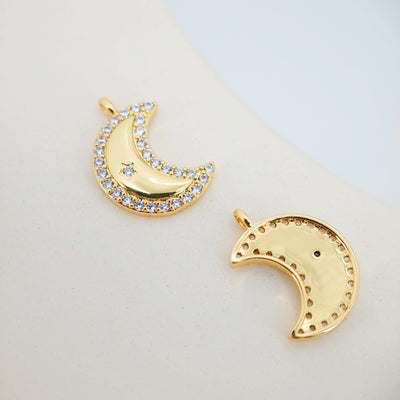 Cubic Crescent Moon Charm, 18K Gold Plated Moon Pendant, Clear Micro CZ Pave Horn Charms, 20x14mm, Jewelry Findings S116