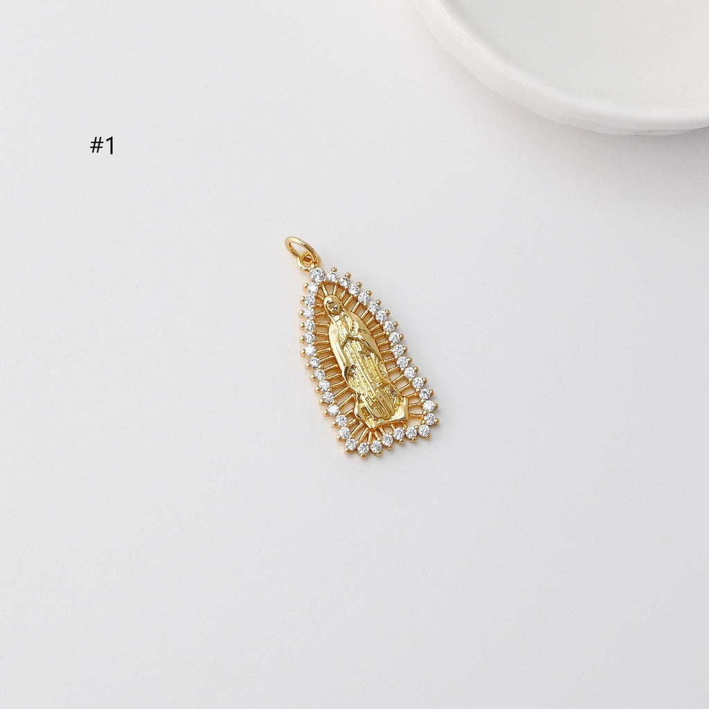 Cubic Saint Maria Charm, Religious Pendant, 18K Gold Plated Micro CZ Pave Our Lady Pendant, Vintage Necklace Making Charm