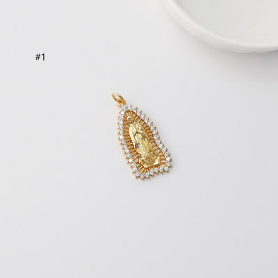 Cubic Saint Maria Charm, Religious Pendant, 18K Gold Plated Micro CZ Pave Our Lady Pendant, Vintage Necklace Making Charm