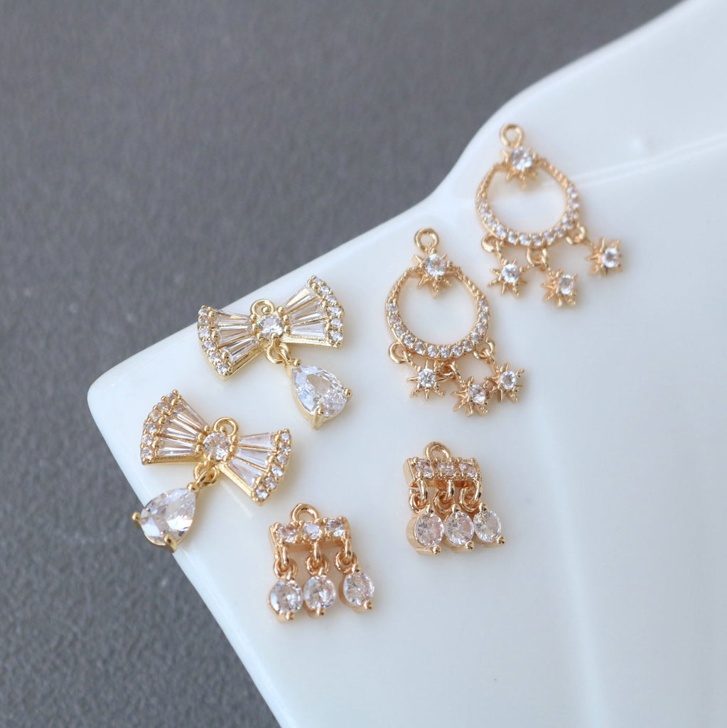 10pcs Flower Charm, Cubic Zircon Bow Pendant, Drop CZ Earring Charms,  Real Gold Plated Brass Earring Charms, Jewelry Findings HL096-F110