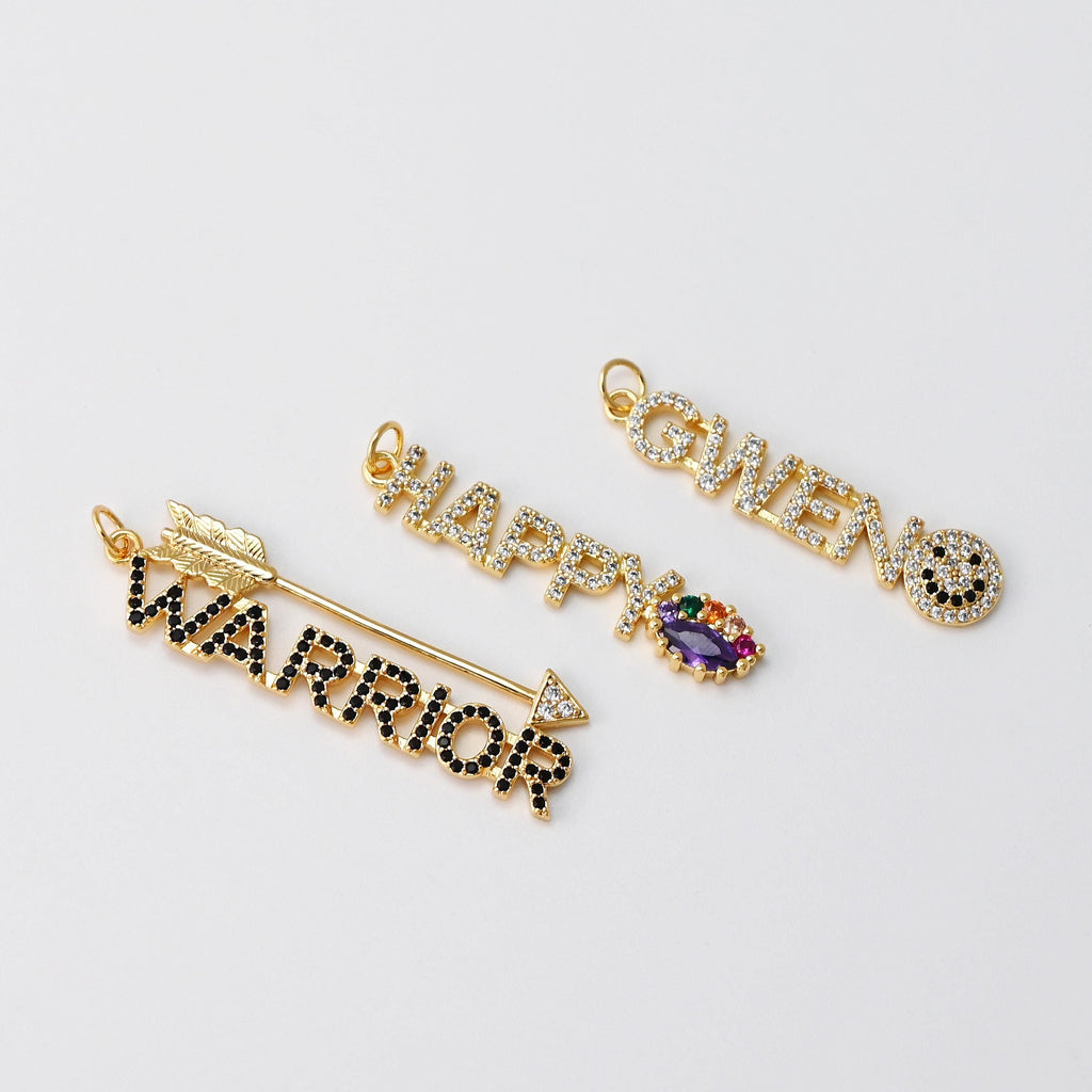 Words Pave Charm, gwen,warrior,grateful,happy, 18K Gold Plated, Necklace Making, CZ Pave, Jewelry Supplies S20582