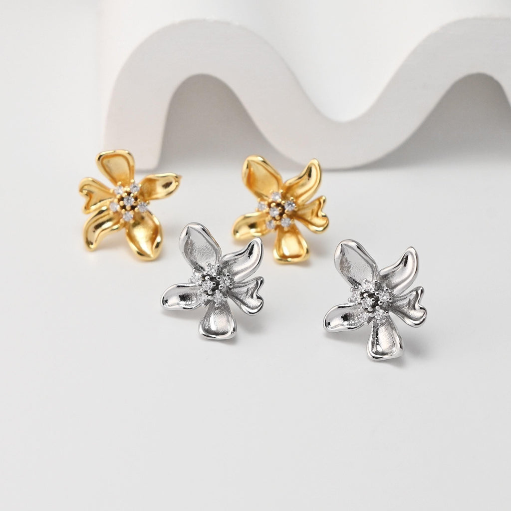 CZ Pave Flower Earrings Post With Loop, 18K Gold Plated, Nickel Free, S925 Silver Pin,Ear Stud Hypoallergenic Earring Findings D0477