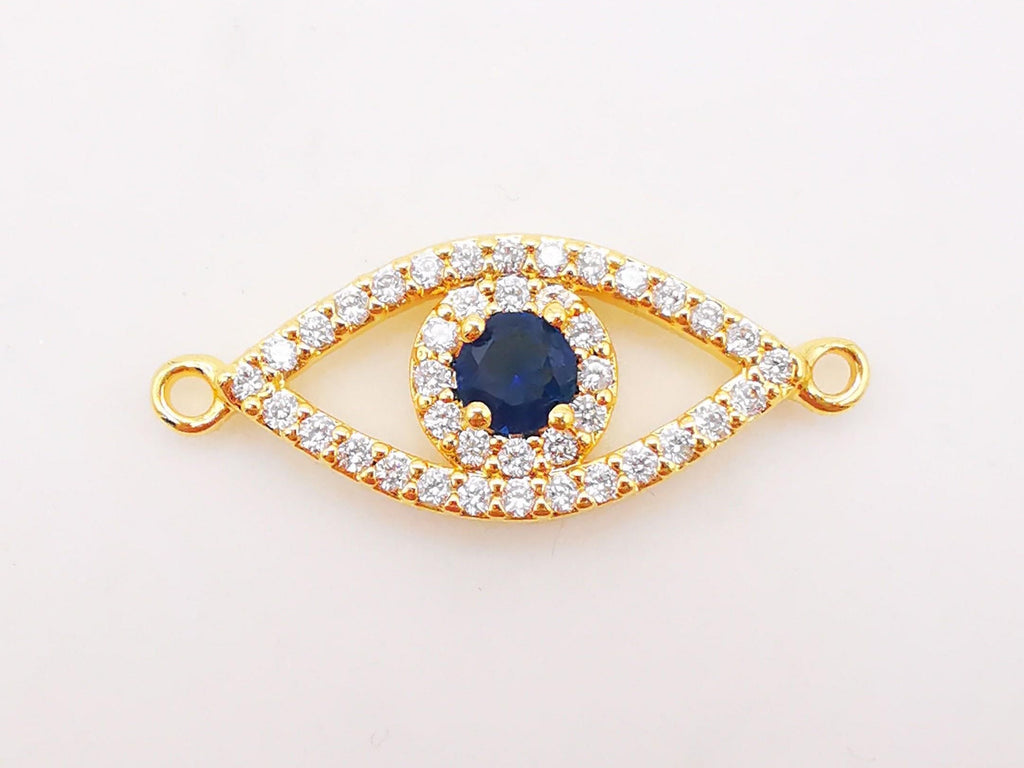 Blue Cubic Evil Eye Connector Charm, 18K Gold Plated Micro CZ Pave Connector, 24*10mm, Bracelet Making, Jewelry Findings S136