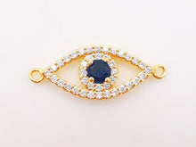 Load image into Gallery viewer, Blue Cubic Evil Eye Connector Charm, 18K Gold Plated Micro CZ Pave Connector, 24*10mm, Bracelet Making, Jewelry Findings S136