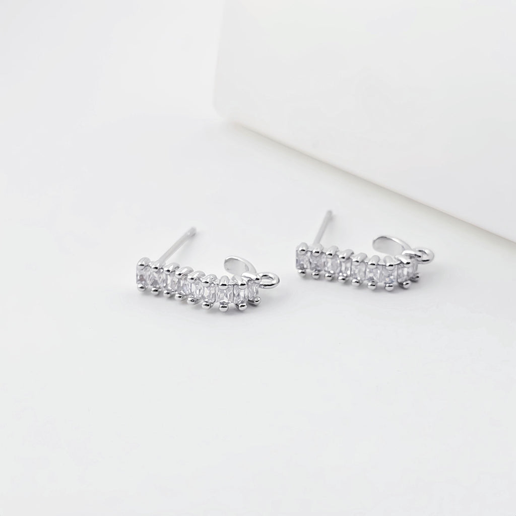 J Shape Ear Post with Loop, Nickel Free, CZ Pave, 15.2*3.7mm, Silver/18K Gold Plated Stud Earring Finding ZX303