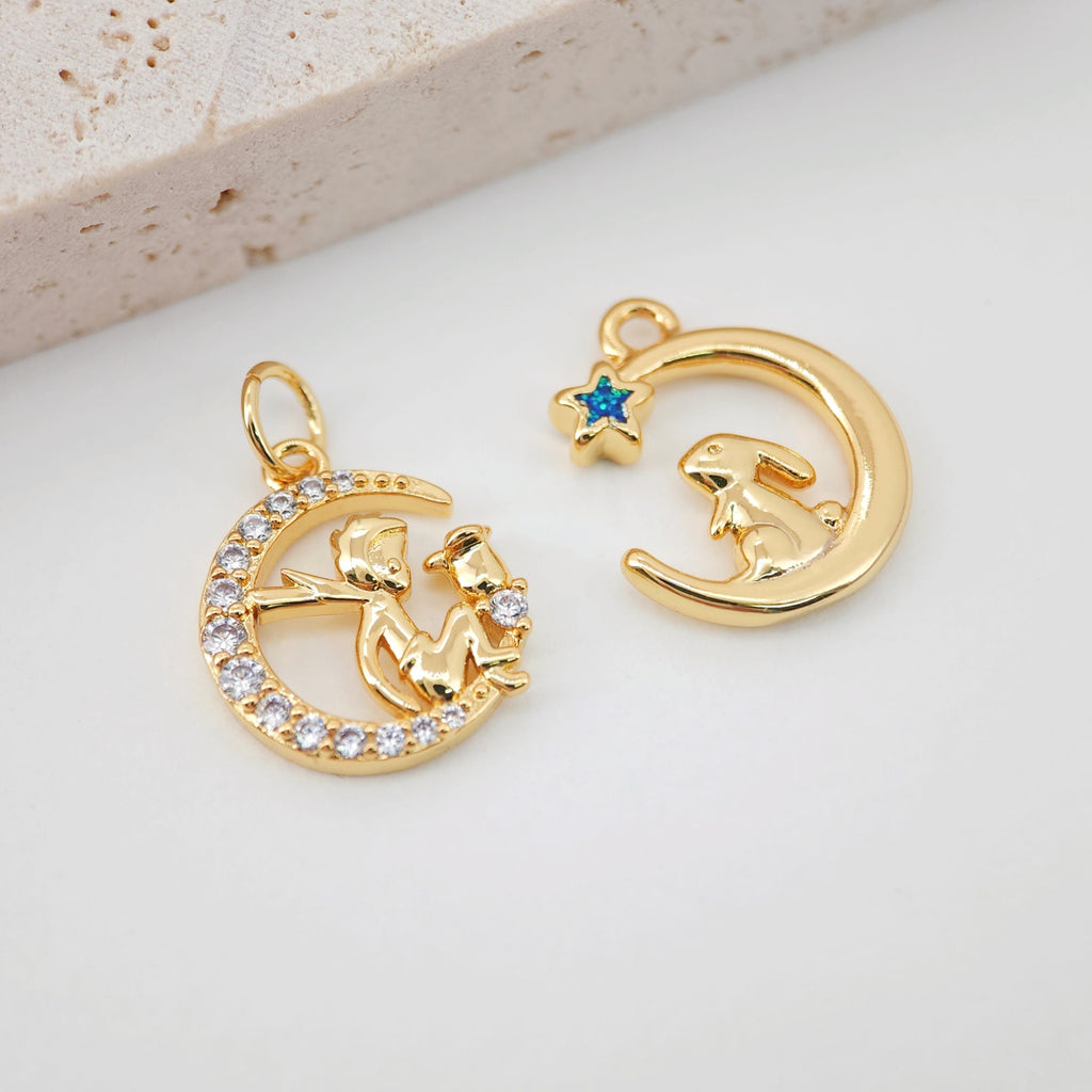 Bunny & Moon Charm, 18K Gold Plated Pendant, CZ Pave Animal Charm, 16.3*13.6mm, Necklace Jewelry Finding S20651
