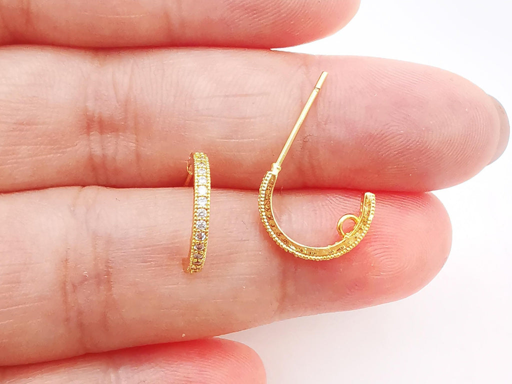 10PCS C Shape Ear Post with Loops, Nickel Free, CZ Pave, 12x2mm, 18K Gold Plated Circle Stud Earring Finding S274