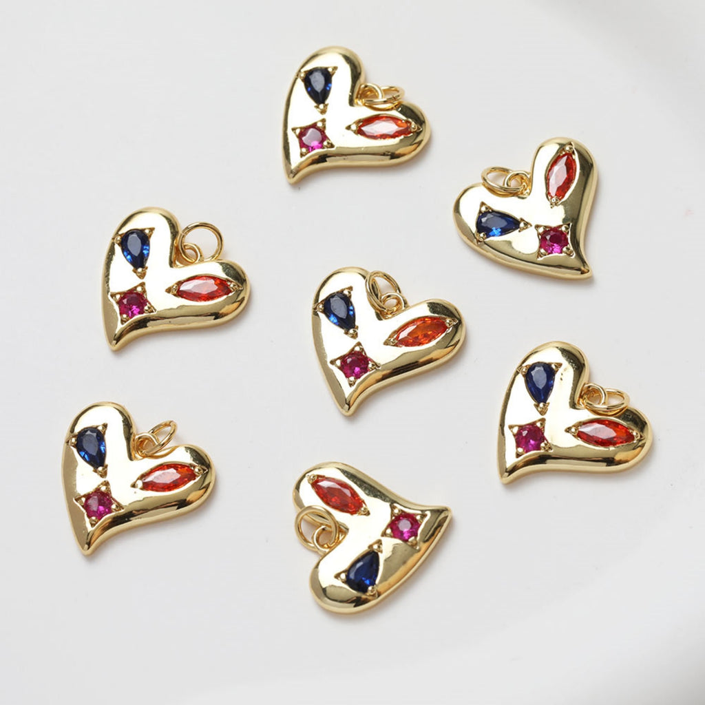 Gold Heart Charms, Rainbow CZ Pave, 18K Gold Plated, Love Pendant, Necklace Making Pendants, Jewelry Findings GZ343