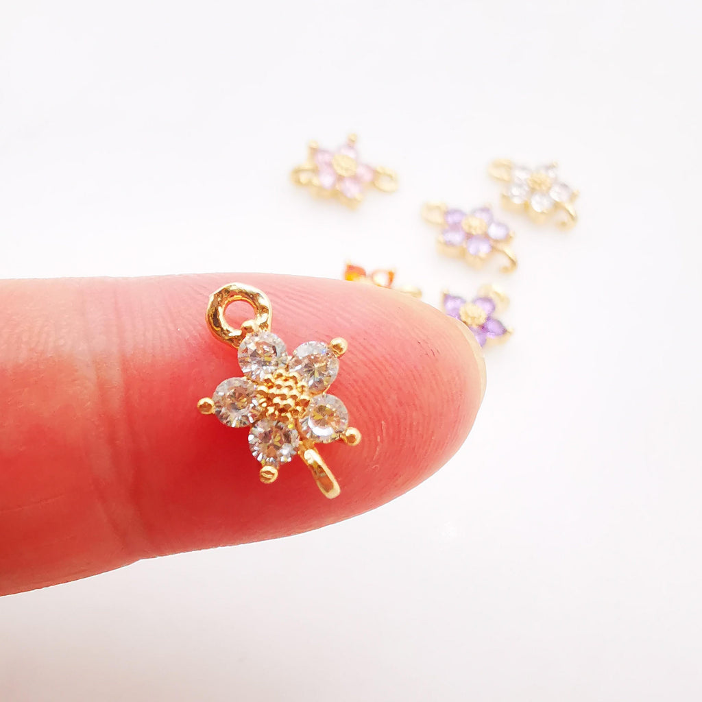 5pcs Flower Connector Charm with loops, Multicolour Cubic Pave Pendant, Bracelet Necklace Making, Gold Plated Jewelry Findings L001-F258