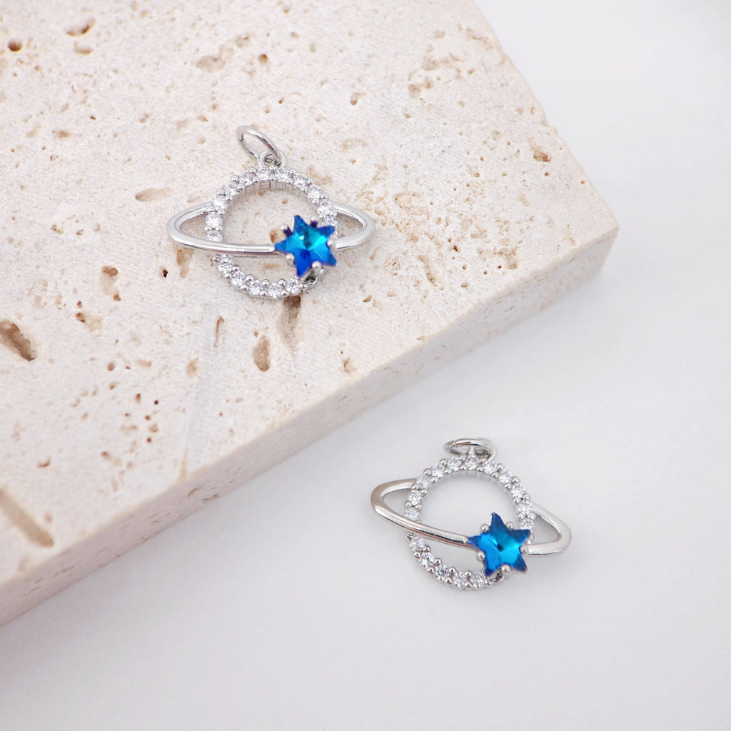 Saturn Planet Charm, Bird Charm, White Gold Plated, Necklace Making Charms, Jewelry Findings S900