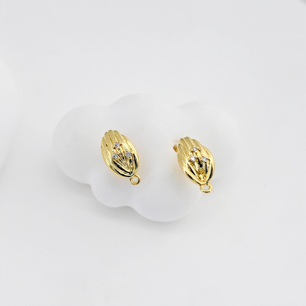 Poste para pendientes de hoja, pendiente de botón de latón chapado en oro auténtico de 18 quilates con aro, pavé de circonitas, pasador de plata S925, sin níquel, fornitura para pendientes D0438