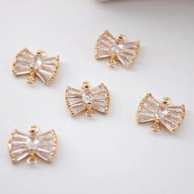 Load image into Gallery viewer, CZ Pave Bow Tie Connector, Cubic Pendant, Earring Connectors, Real Gold Plated Brass Earring Charms, Jewelry Findings D0062