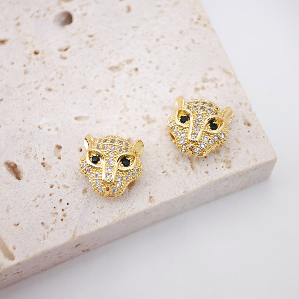 Leopard Head Spacer Pendant, 18K Gold Animal Head Charm For Bracelet Necklace Making, CZ Pave, Jewelry Findings S20639