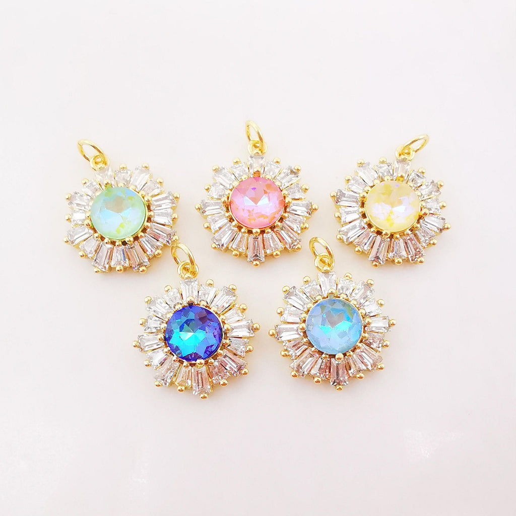 Sun Flower Charm, Multicolor Glass, 18K Gold Plated Cubic Pave Charm, Flower Pendant, Necklace Earring Making Charm, Jewelry Findings S1004