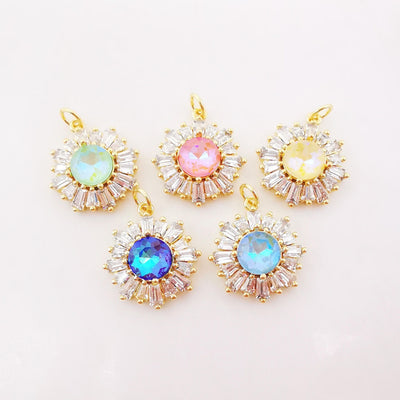 Sun Flower Charm, Multicolor Glass, 18K Gold Plated Cubic Pave Charm, Flower Pendant, Necklace Earring Making Charm, Jewelry Findings S1004