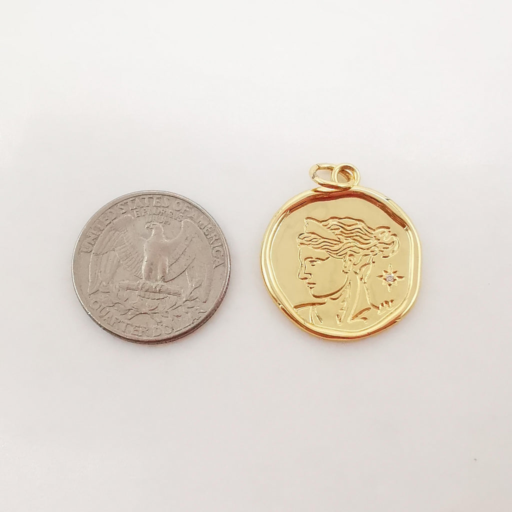 Gold Beauty Charm, 18K Gold Plated Round Pendant, 25mm, Necklace Making Charm, Jewelry Findings Round S1015