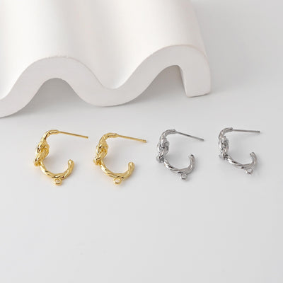 Pleated C Shape Knot Earrings Post With Loop, 18K Gold Plated, Nickel Free, S925 Silver Pin, Ear Stud Hypoallergenic Earring Findings D0431