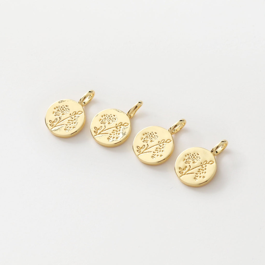 Flower Charm On Round Shape, 18K Gold/Silver Plated, Flower Pendant, Necklace Earring Making Charms, 18mm, Jewelry Findings JH022