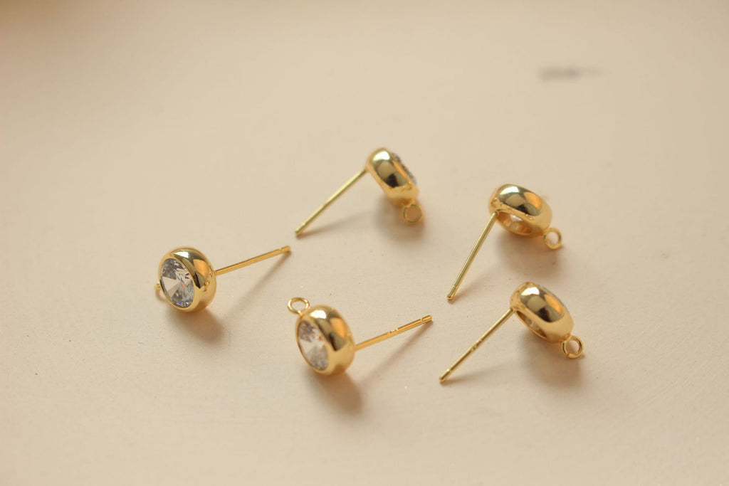 10PCS Tiny Ear Post with Loops, S925 Silver Ear Pin Nickel Free, Micro CZ Pave, 6mm/7mm, 14K Gold Plated Stud Earring Finding BB068