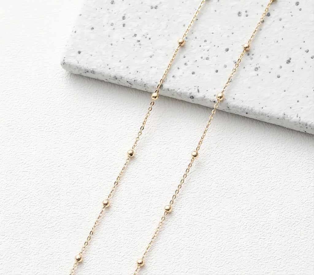 14K Gold Beads Oval Chain, 1mm, 1.5mm, 2mm in Flat, Necklace Link Chain, Unfinished Chain, Hypoallergenic, Necklace Making Findings GT008