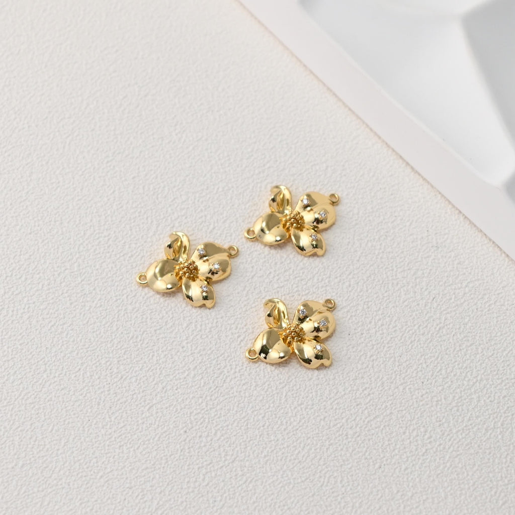 Flower Charm, Micro Pave Flower Pendant, Flower Connector,  18K Gold Plated, For Necklace And Earrings Making, Jewelry Findings D0498