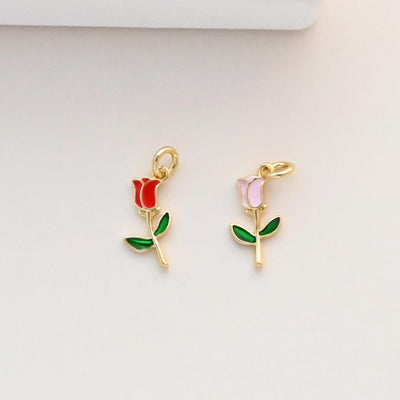 Tiny Rose Flower Charm with loops, Mini Flower, Enamel Pink Rose Charm, Charm for Bracelet Necklace Earring, Jewelry Findings S1327