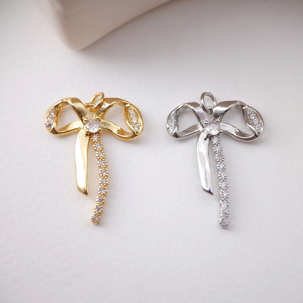 CZ Pave Bow Tie Charm, Cubic Zircon Crystal Bow Tie Pendant, Bracelet Necklace Pendant,  Gold Plated, Jewelry Findings S1202