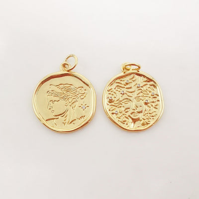 Gold Beauty Charm, 18K Gold Plated Round Pendant, 25mm, Necklace Making Charm, Jewelry Findings Round S1015