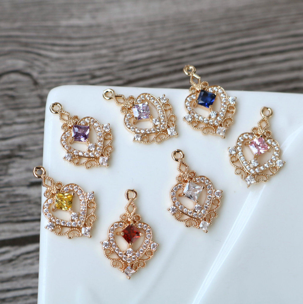 10pcs CZ Pave Heart Charm, Cubic Zircon Crystal Pendant, Bracelet Necklace Pendant, 14K Real Gold Plated, Jewelry Findings HL102-F105