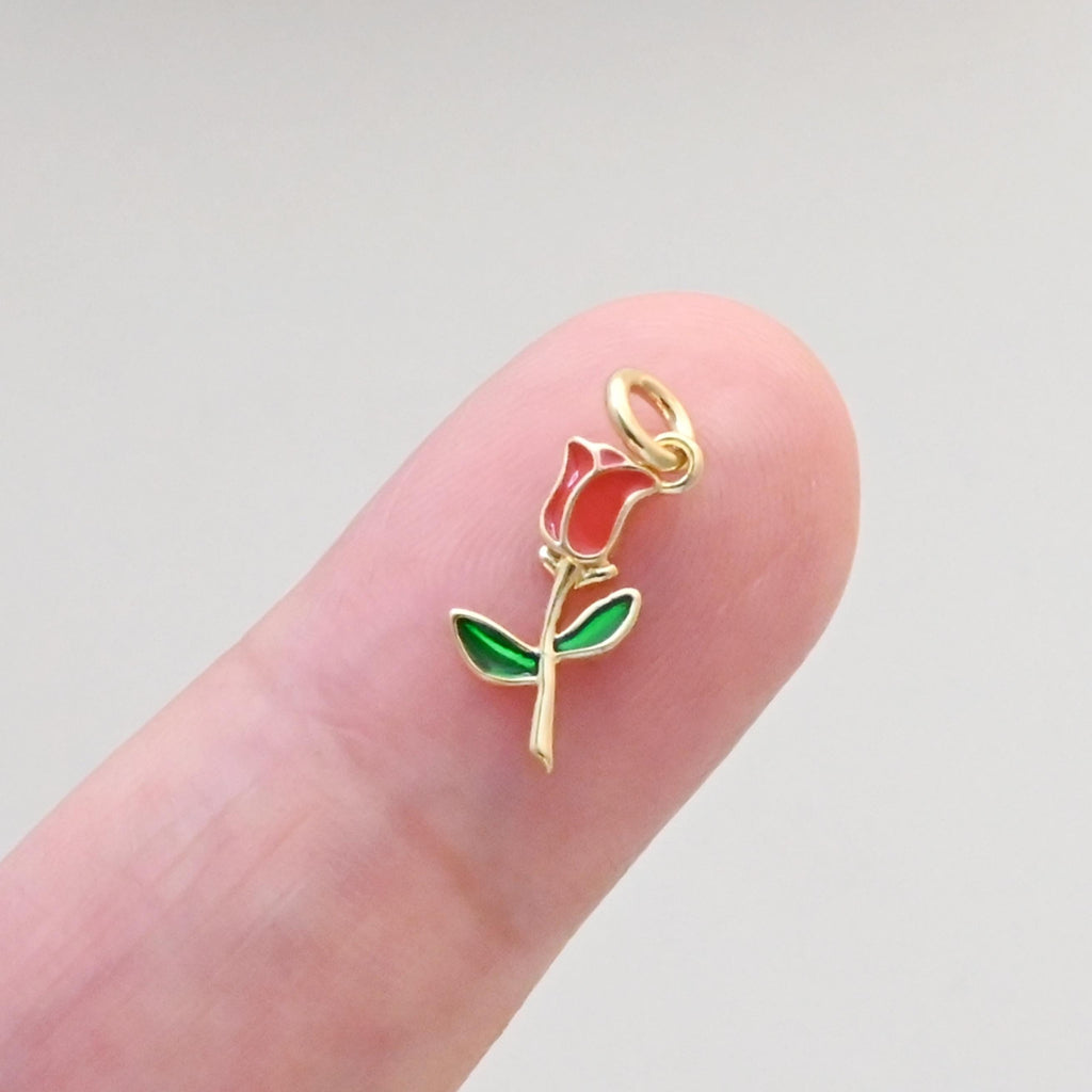 Tiny Rose Flower Charm with loops, Mini Flower, Enamel Pink Rose Charm, Charm for Bracelet Necklace Earring, Jewelry Findings S1327