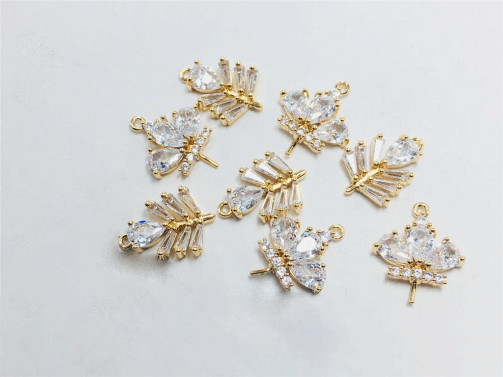 Leaf Charm, Cubic Zircon Crystal Flower Pendant, CZ Earring Charms,  Real Gold Plated Brass Earring Charms, Jewelry Findings STG024-F174