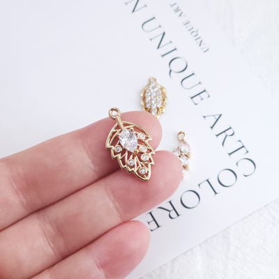 CZ Pave Leaf Charm, Cubic Zircon Crystal Leaf Pendant, CZ Earring Charms,  Real Gold Plated Brass Earring Charms, Jewelry Finding ZR009-F141