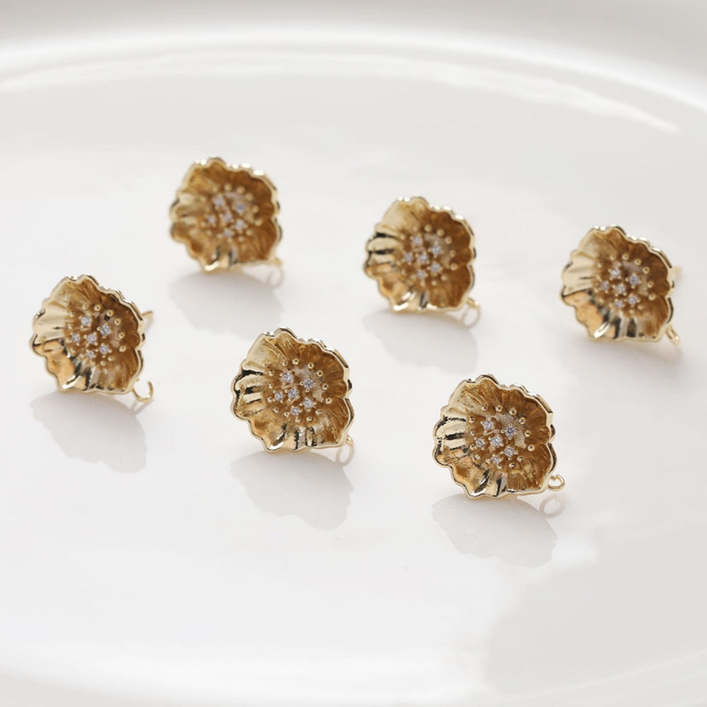 Cubic Flower Earring Post with Loops, S925 Silver Pin Nickel Free Earrings, CZ Pave Ear Stud Loop, Hypoallergenic Earring Findings BB045