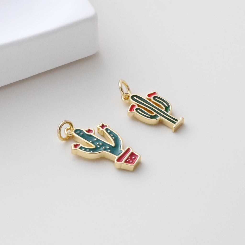 Enamel Cactus Pendant, 18K Gold Plated Charm, Dainty Jewelry Making Pendant S1309