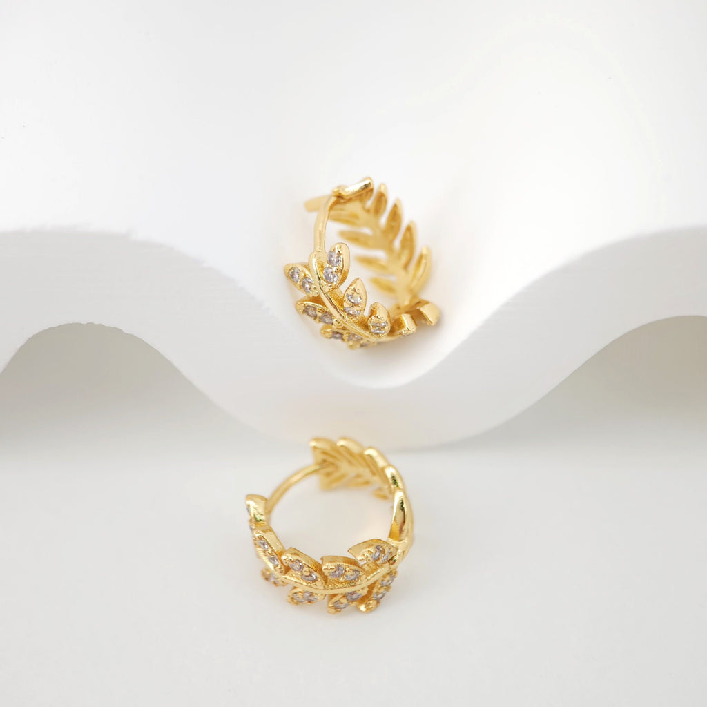 Leaf Cubic Ear Hoops Pave Crystal, 13mm, 18K Gold Plated Leverback Earrings, Leaf Huggie Hoops Earring S20269