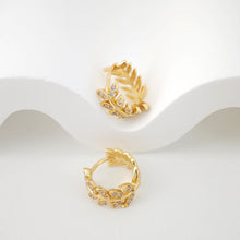 Load image into Gallery viewer, Leaf Cubic Ear Hoops Pave Crystal, 13mm, 18K Gold Plated Leverback Earrings, Leaf Huggie Hoops Earring S20269