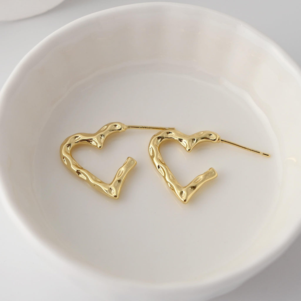 Gold Hammered Heart Earring Post, 18K Gold Plated Earrings, Nickel Free, 19.2*27mm, Love Shape Ear Stud, Earring Finding D0354