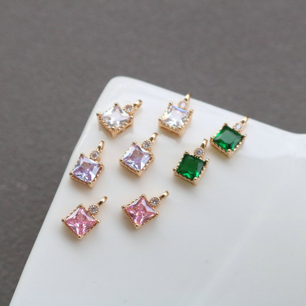 10pcs Square Charm, Cubic Zircon Crystal Pendant, Real Gold Plated Brass Earring Charms, Jewelry Findings HL088-F117