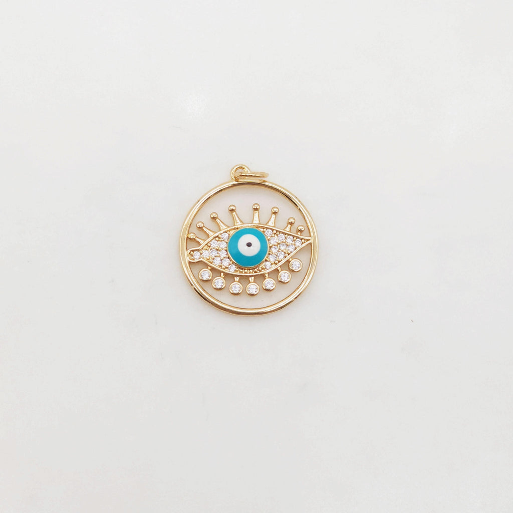 Cubic Evil Eye Charm, 18K Gold Plated Micro CZ Pave Round Pendant, 20mm, Necklace Making Charm, Jewelry Findings S20377