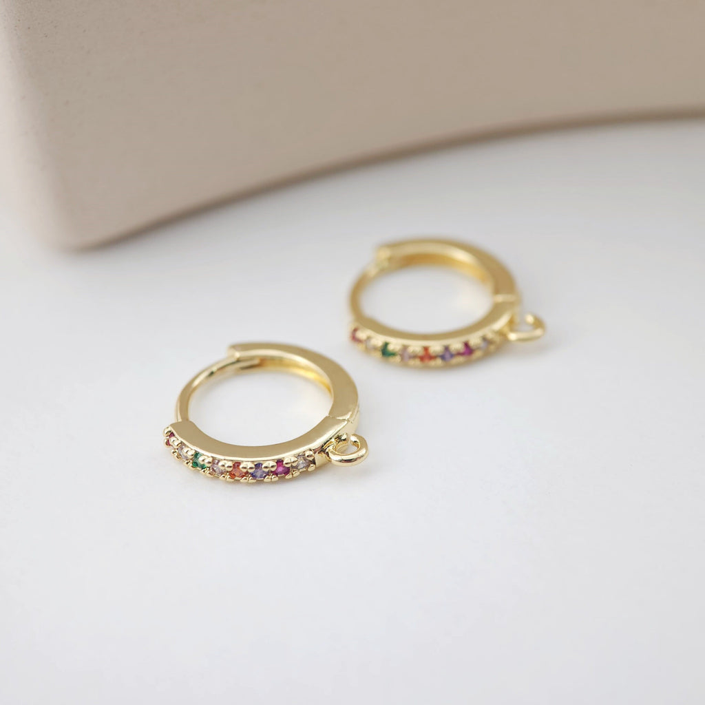 Rainbow Pave Cubic Ear Hoops Multicolor Pave Crystal , 14mm, 18K Gold Plated Leverback Earrings, Huggie Hoops Earring D0145