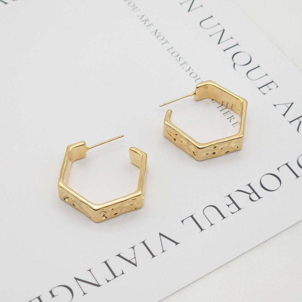 10 قطع - أقراط سداسية الشكل على شكل حرف C، مطلية بالذهب عيار 14 قيراطًا، دبوس فضة S925، أقراط خالية من النيكل، أقراط أذن، نتائج أقراط مضادة للحساسية ZX131