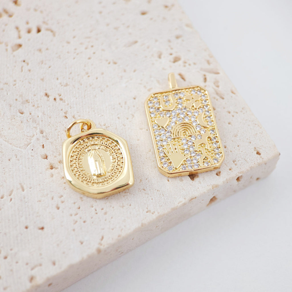 Coin Charm, Card Charm, Card Pendant, Maria Charm, 18K Gold Plated CZ Pave Our Lady Pendant, Necklace Making Charm, Jewelry Findings S998