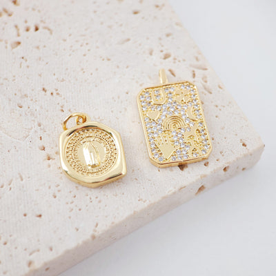 Coin Charm, Card Charm, Card Pendant, Maria Charm, 18K Gold Plated CZ Pave Our Lady Pendant, Necklace Making Charm, Jewelry Findings S998