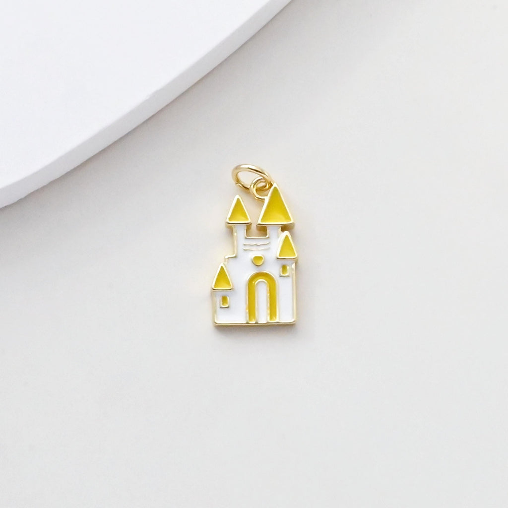 Colgante de castillo, dijes de castillo 3D esmaltados, dijes de castillo chapados en oro de 18 quilates, para hacer pulseras y collares, accesorios de joyería S1376